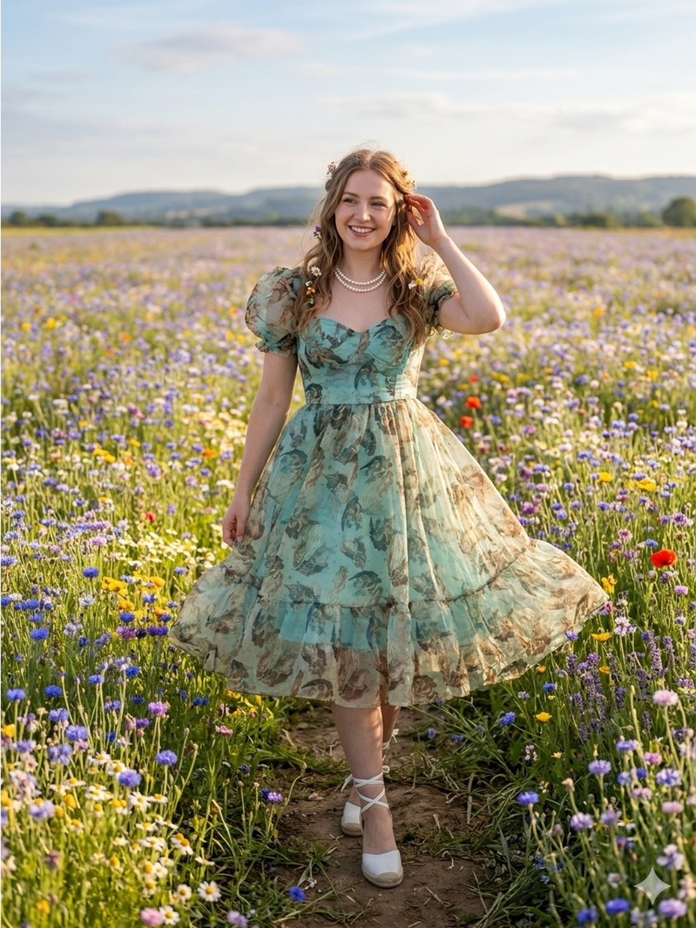 Mint Green Floral Puff-Sleeve Midi Dress with Sweetheart Neckline